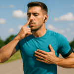 Uomo che corre con il dito sul naso e una mano sul petto, come per controllare il respiro